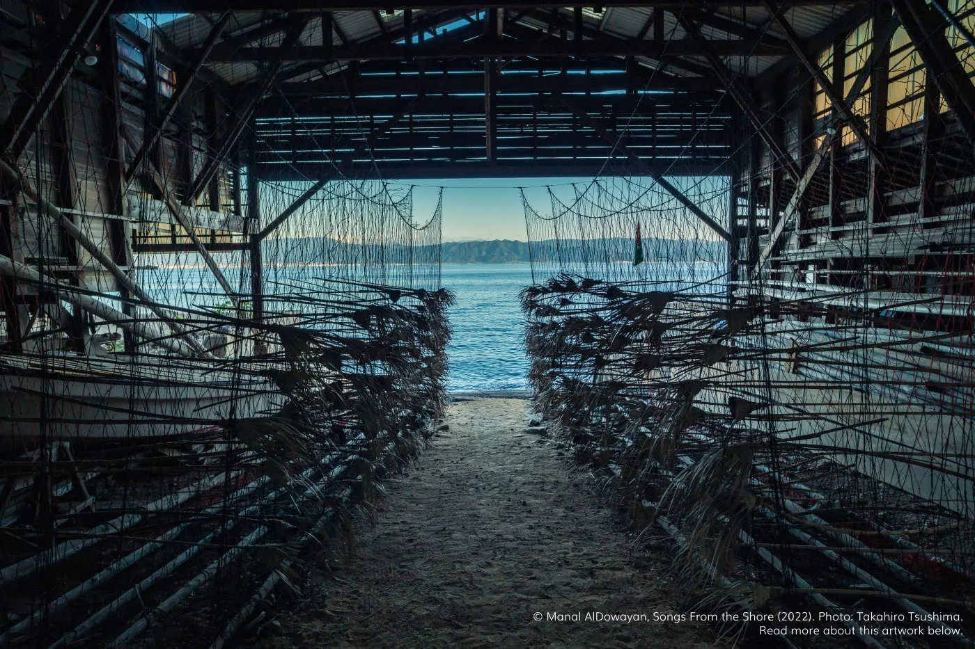 Songs from the Shore’, by Manal AlSowayan: This installation embraces circularity by utilising reused fishing nets and involving the community of the island of Ibuki, Japan.